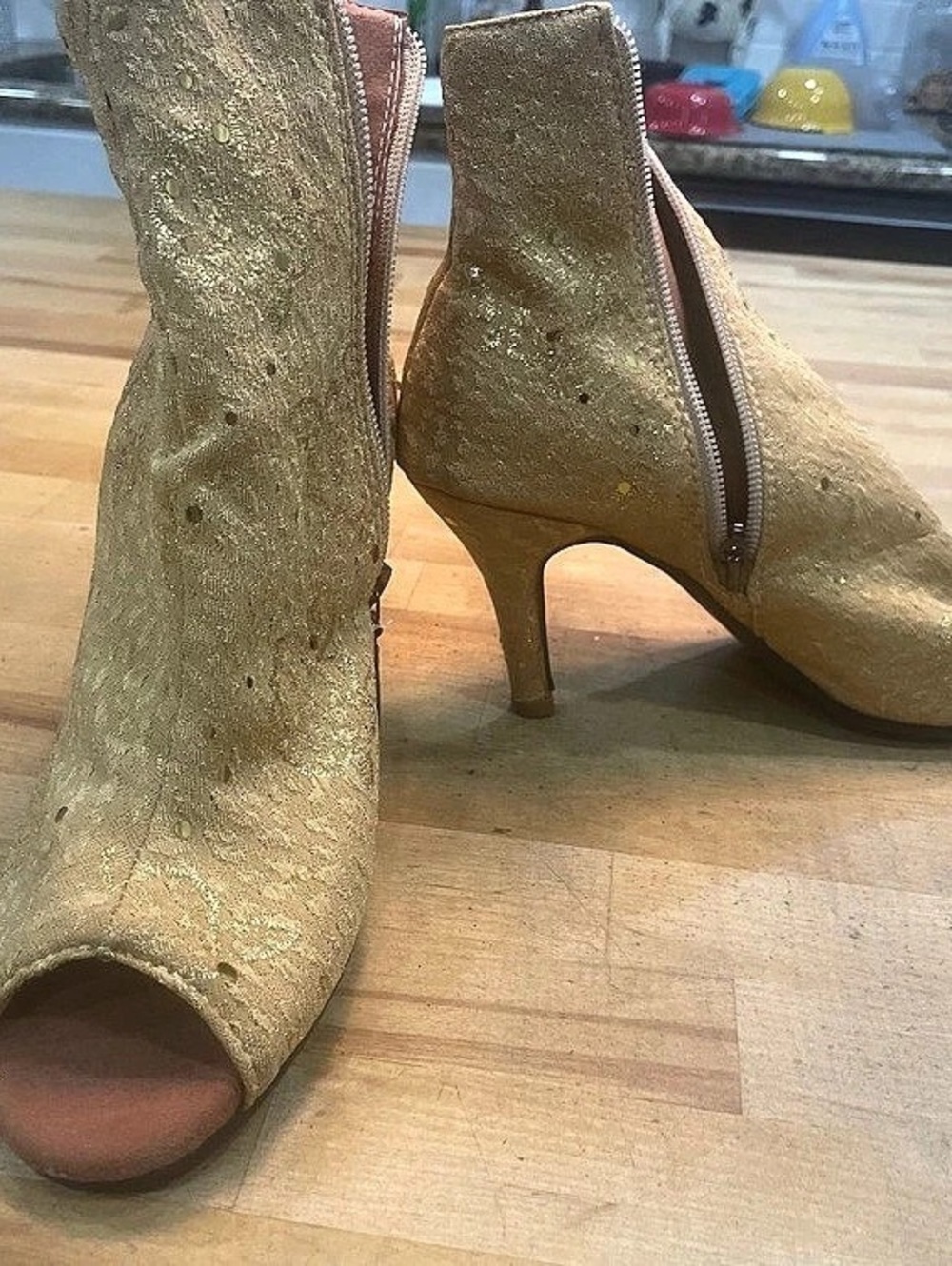 Gold Peep Toe Ankle Boots